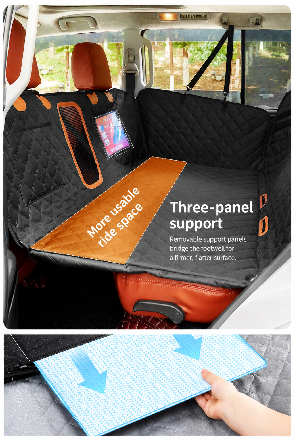 Three-panel support with English product information