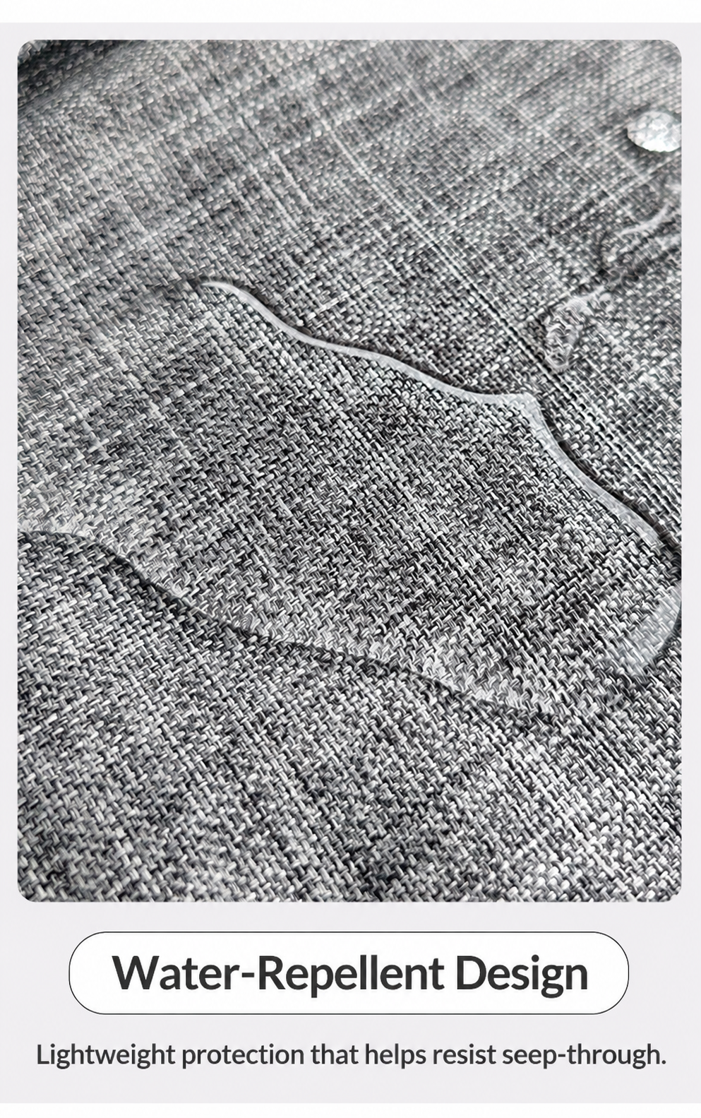 Water-repellent Oxford fabric detail with English product information
