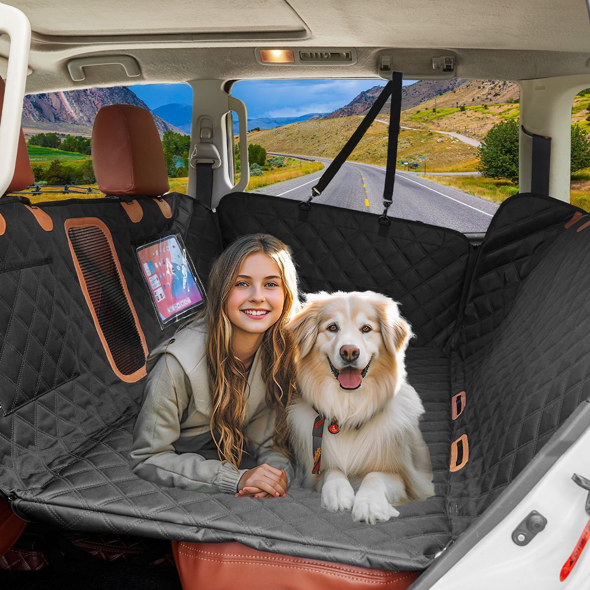 Dog car seat cover installed in a back seat with a dog and travel-ready interior