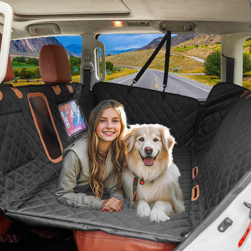 Dog car seat cover installed in a back seat with a dog and travel-ready interior