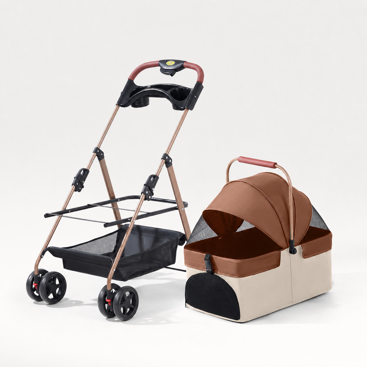 RoamNook detachable pet stroller in coffee and cream