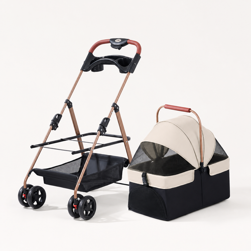 RoamNook detachable pet stroller in cream and black