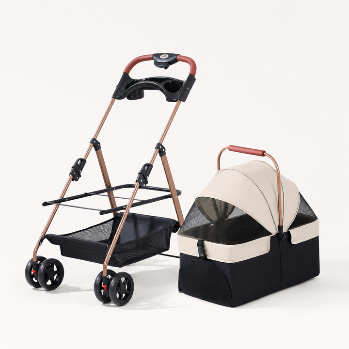 RoamNook detachable pet stroller in cream and black