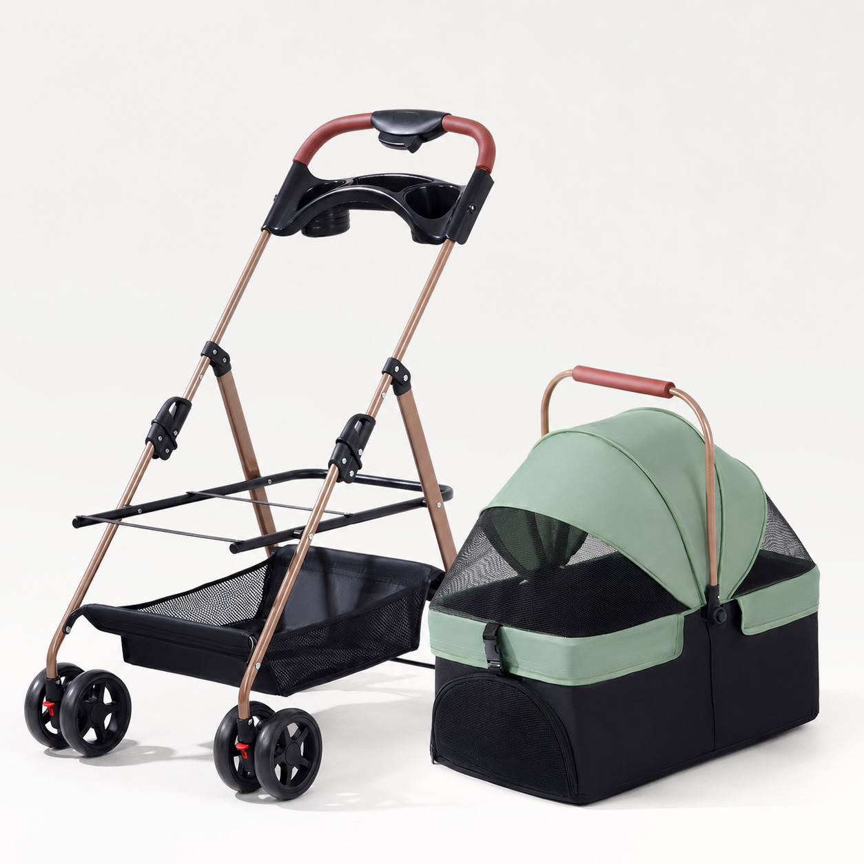 RoamNook detachable pet stroller in sage and black